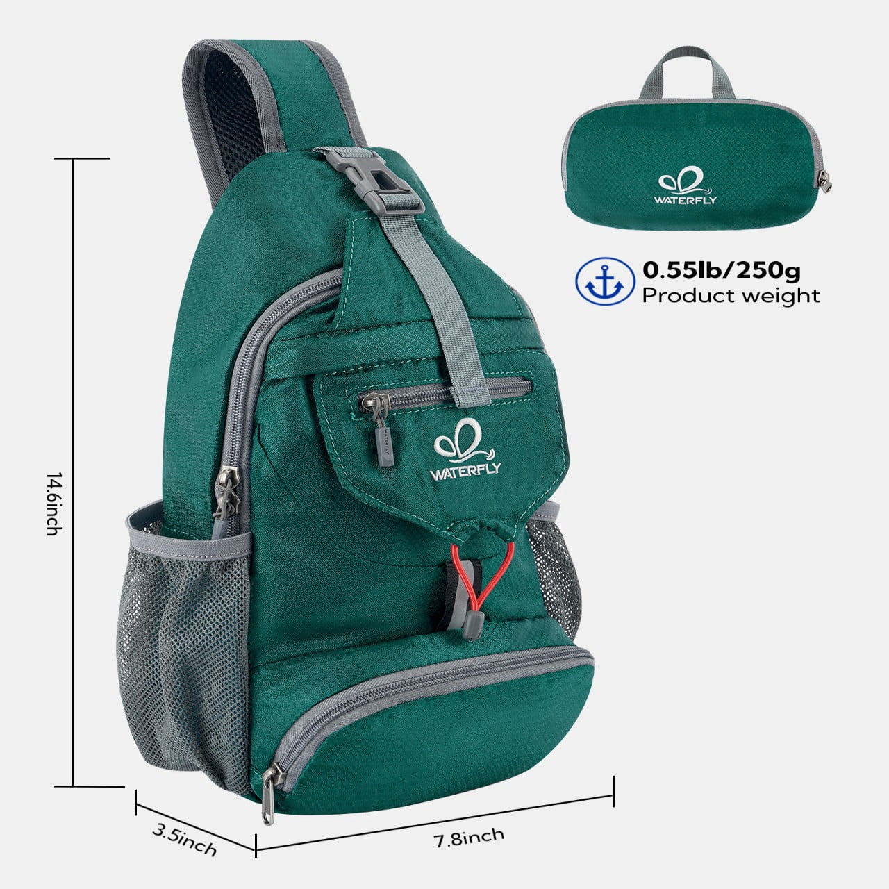 WATERFLY Unisex Small Packable Hiking Travel Sling Cross-Body Shoulder Chest Bag,Dark Green