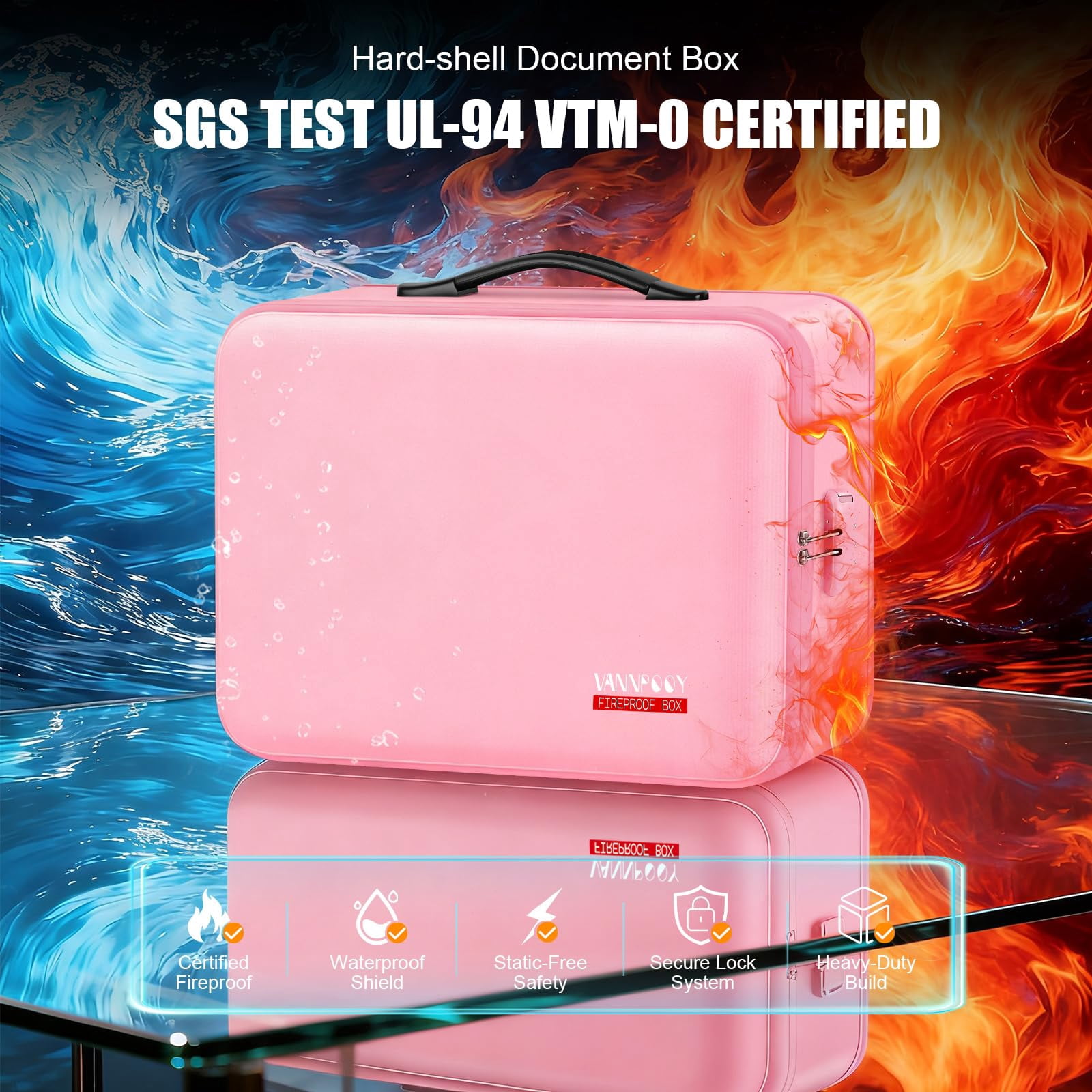 TeSabMi Fireproof Document Box with Lock, 5200°F Fire Proof Safe for Home Documents, Hard-Shell Fireproof & Waterproof Safe Box for Important Files Pink
