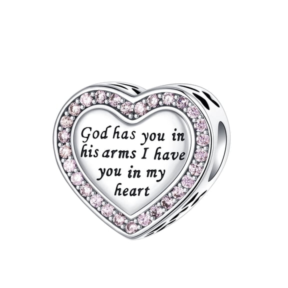 ARVALILS 925 Sterling Silver "God Has You in His Arms" Heart Memorial Charm, Pink CZ, Remembrance Jewelry for Necklace & Bracelet