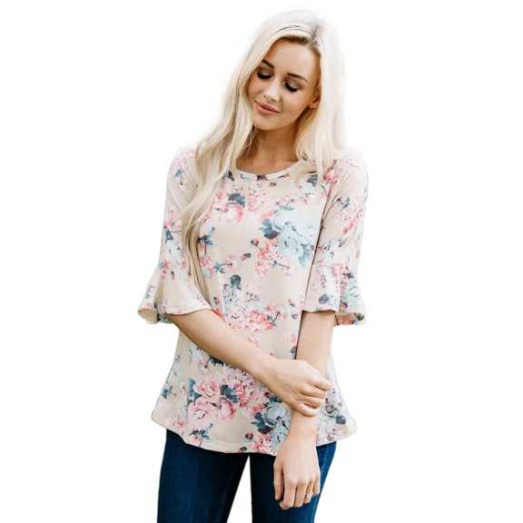 Wenseny Floral T-shirts for Women Ruched Short Sleeve Round Neck Casual Blouse Tan XL