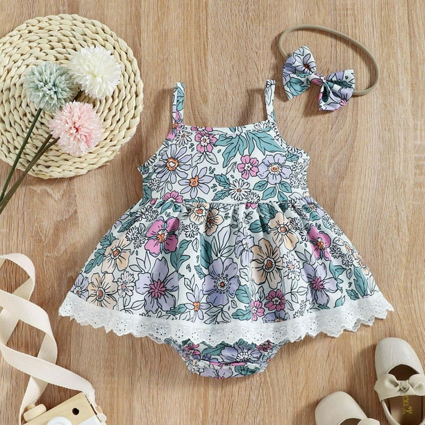 Snorda Baby Girl's Dress Toddler Baby Girls Fashion Cute Flowers Print Lace  Suspenders Romper Bow Headdress Suit 