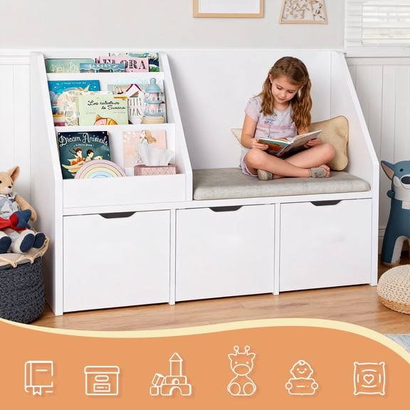 Kbun 40in Kids Bookshelf, Book Wood Storage Organizer with 3 Large Drawers, Toy Storage Organizer for Playroom Bedroom, White