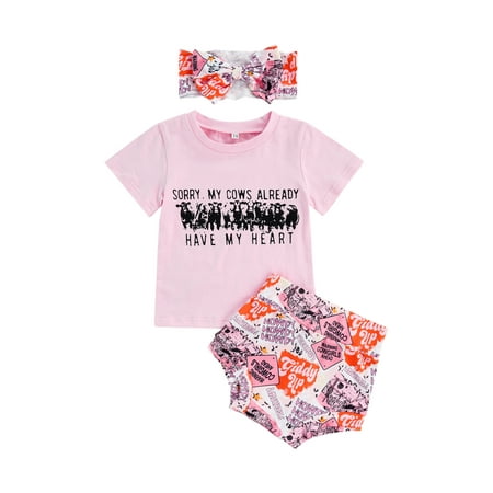

Woshilaocai Infant Baby Girls Summer Outfit Sets Short Sleeve O Neck T-shirt Letter Print PP Shorts Headband