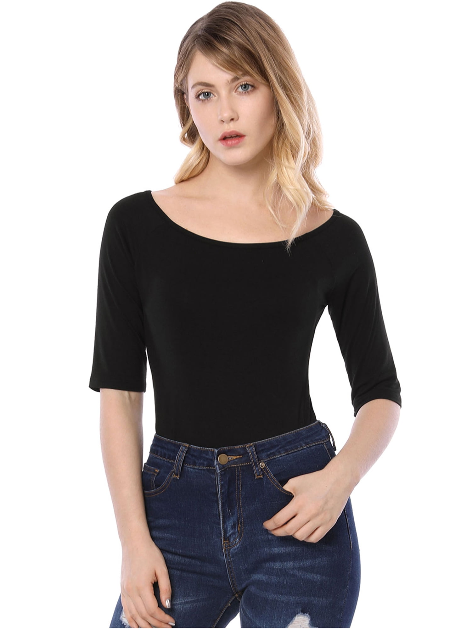 DARING DIVA Women's Slim Fit Pullover Boat Neck Stretchable T-Shirt XL Black