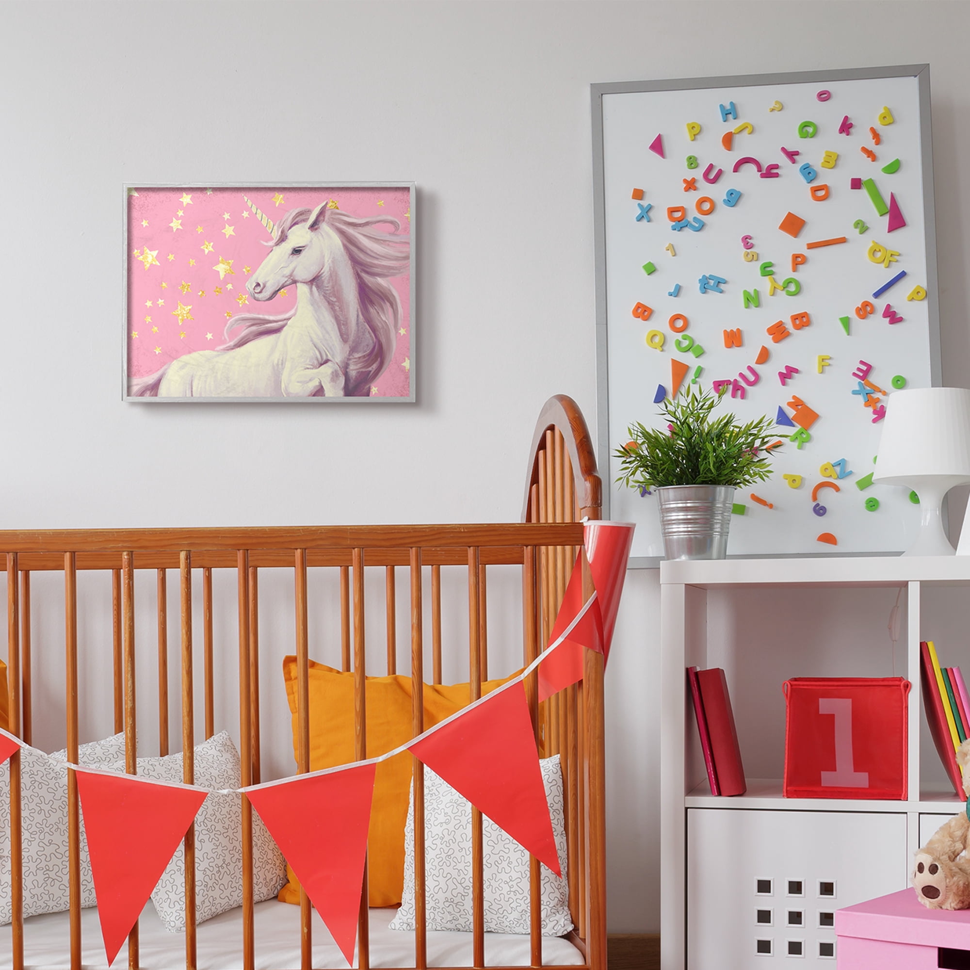 Stupell Industries Adorable Unicorn in Pink Starry Sky Gray Framed by Ziwei Li