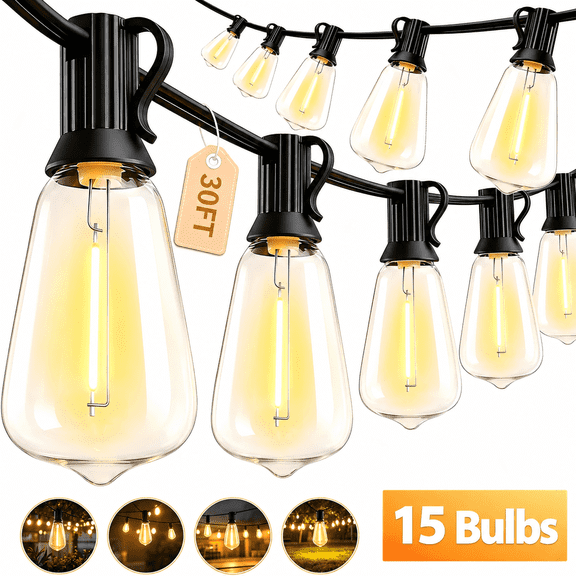30ft Solar Outdoor String Lights, with 15 Shatterproof Bulbs, ST38 Waterproof Hanging Lights, Outdoor Solar Lights for Yard, Patio