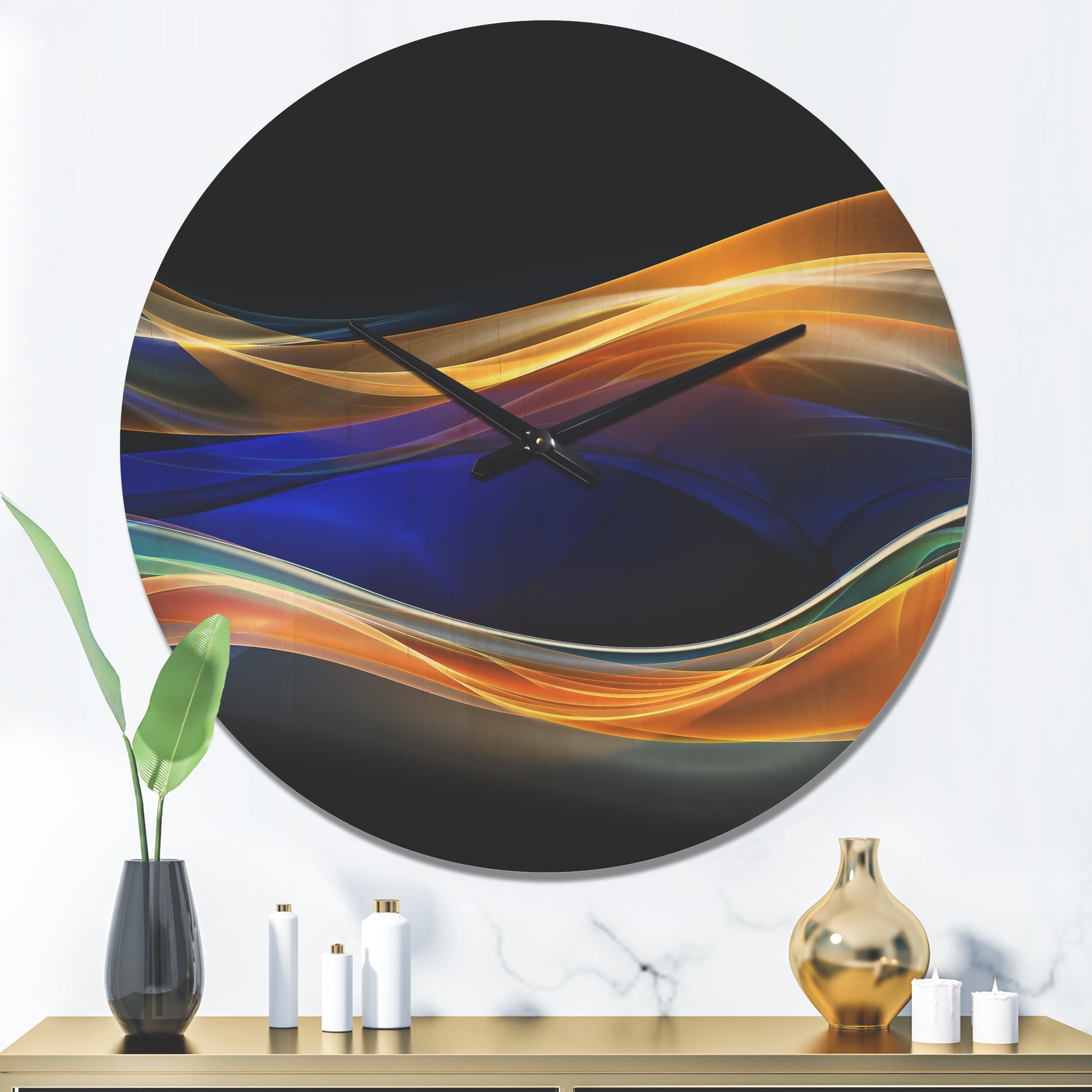 Designart '3D Blue Gold Wave Design ' Modern Wood Wall Clock