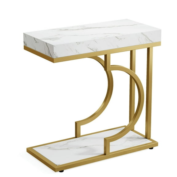 YYAo End Table, Side End Table,Narrow C Table, Modern End Table Bedside Table with Metal Frame,White & Gold