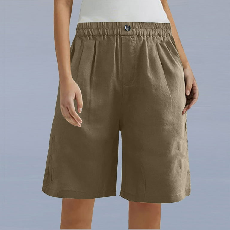 AherBiu Womens Cotton Linen Shorts Knee Length Elastic High Waist Wide Leg  Short Pants Solid Color Loose Fit