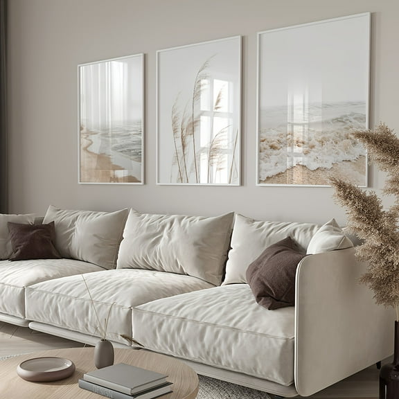 3pcs/Set Unframed Boho Decor Beige Beach Print Coastal Wall Art, Pampas Grass Print Minimalist Wall Art Ocean Poster, Aesthetic Room Decor, Waterproof Canvas, Artwork Wall Painting for Gift, Bedroom