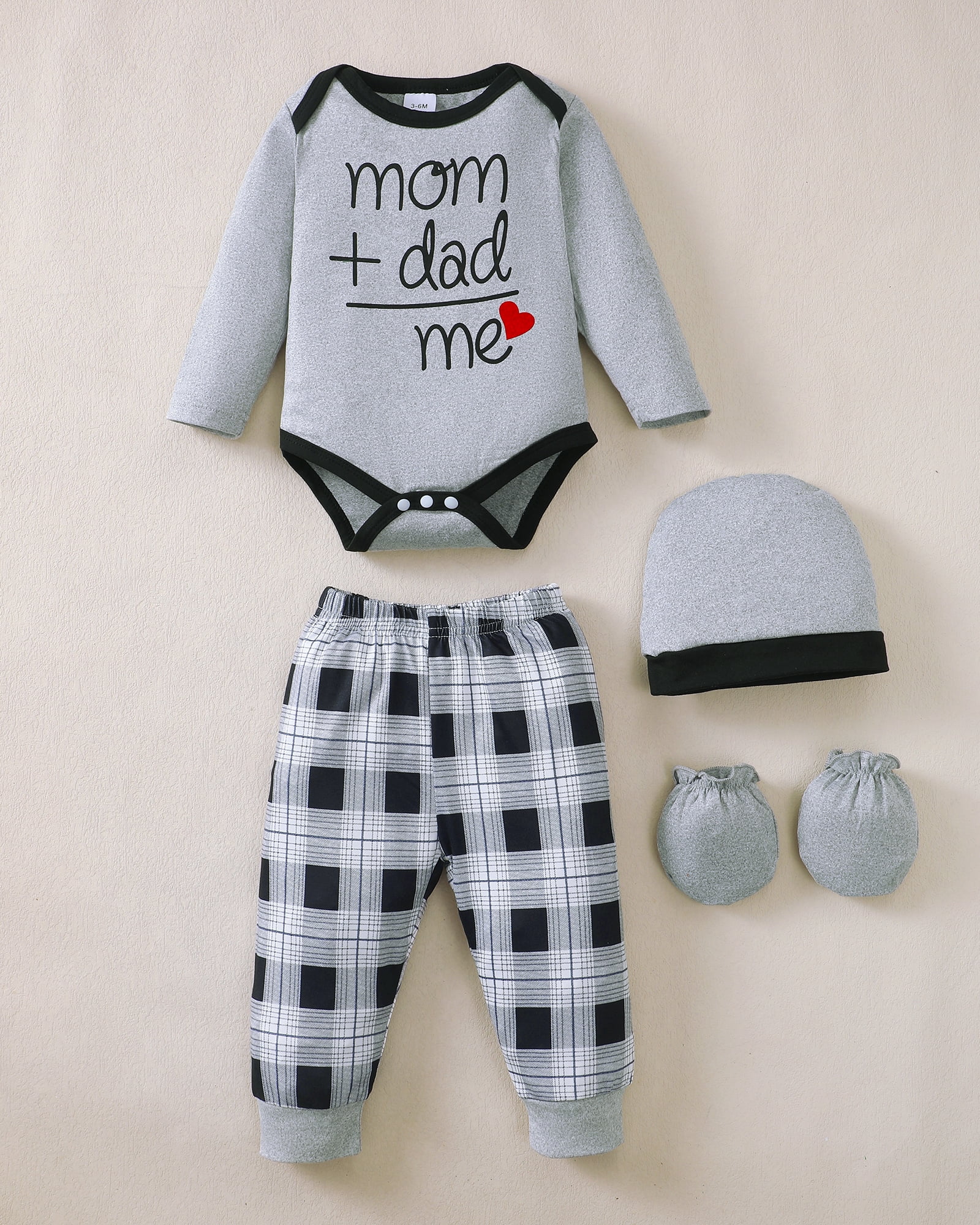 KIMI BEAR Newborn Baby Boys Layette Set Winter Outfits Long Sleeves Romper Set Letter Print Top Plaid Pants with Hats and Gloves 16pcs Clothing Brown 9-12 Months
