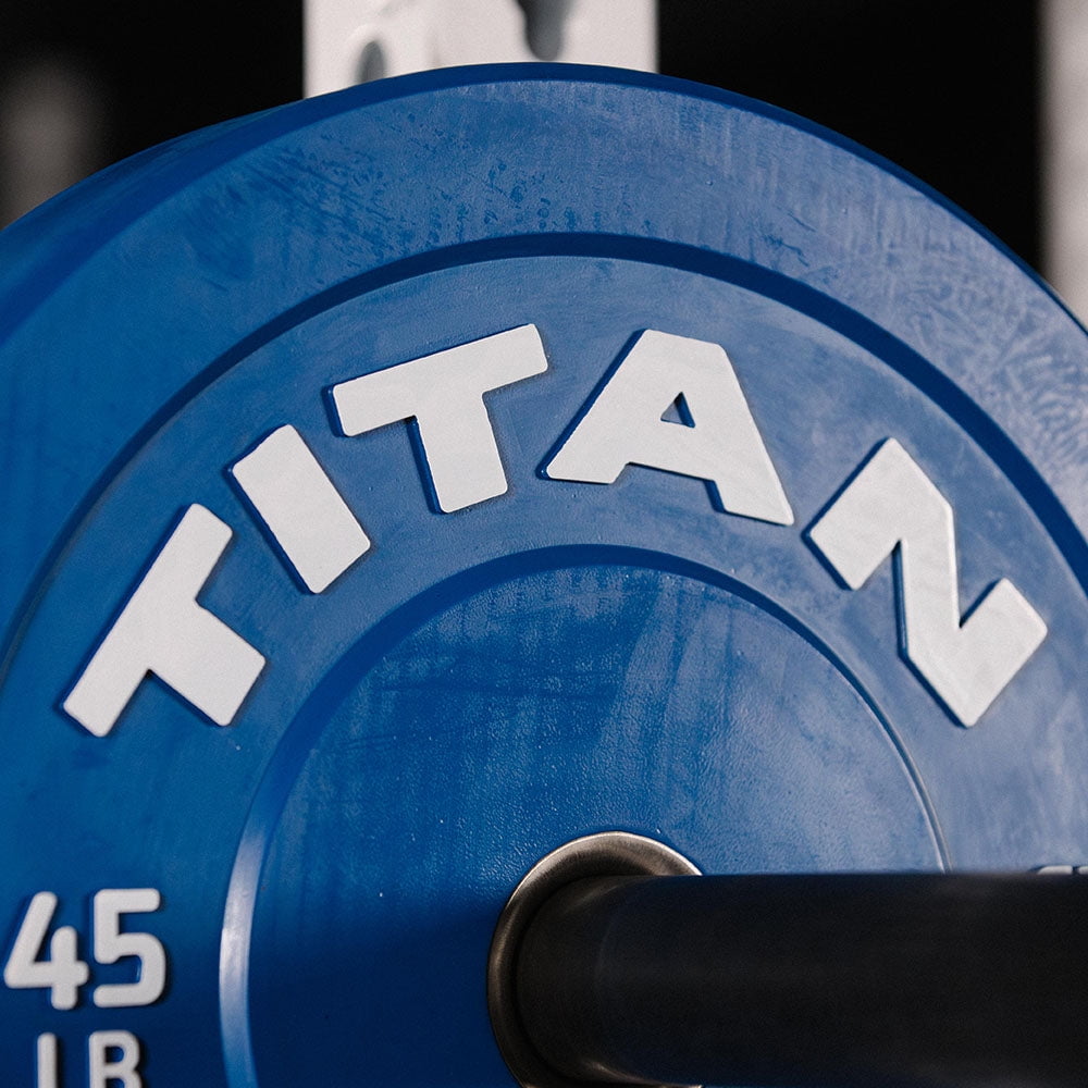 Titan Fitness 45 LB Economy Olympic Bumper Plate, Color-Coded by IWF Standards, Low Bounce Rubber with Steel Insert