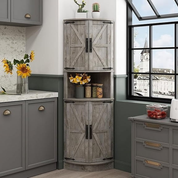 Vabches Farmhouse 64.8'' Tall Corner Cabinet with 4 Doors and 5 Storage Shelves for Kitchen, Living Room, Grey