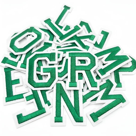 TUWAFE 52 Pcs Green Iron on Letters, Alphabet Patches with Heat Seal Adhesive, Decorative Repair Appliques for Shirts, Jackets, Jeans, Hats, Bags
