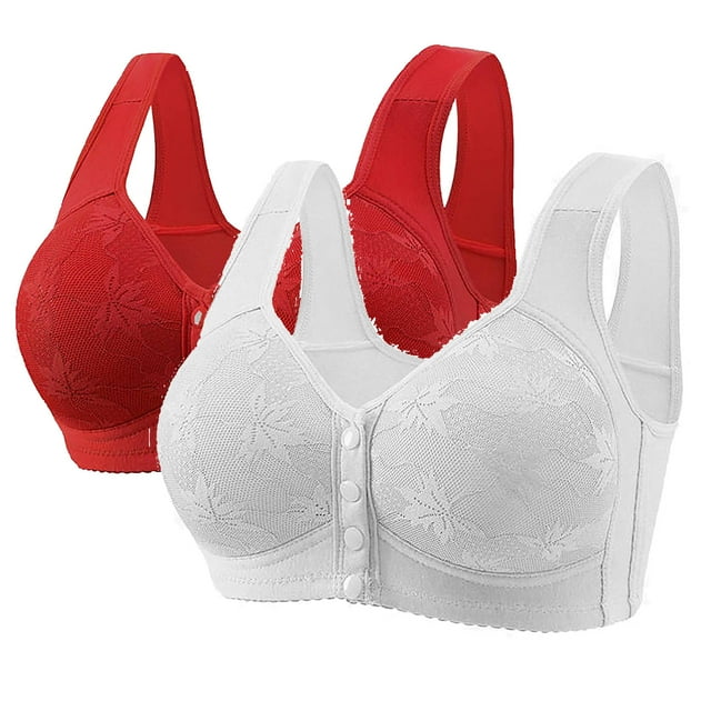 Tumotour 2PC Front Closure Bra for Women Wireless Comfort Printed Sports Bra Full Coverage Convenient Front Button Bras Seamless Soft Push Up Wide Shoulder Strap for Everyday Life Sleep Walking Work