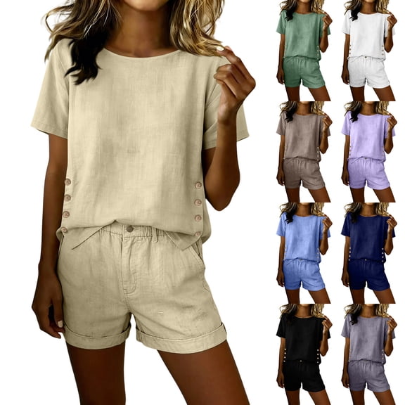 Hvogkswy Two Piece Linen Sets for Women, Solid Color Short Sleeve Crew Neck Tops and Button Waist Shorts with Pockets Lightweight Breathable Summer Outdoor Vacation&Casual Set
