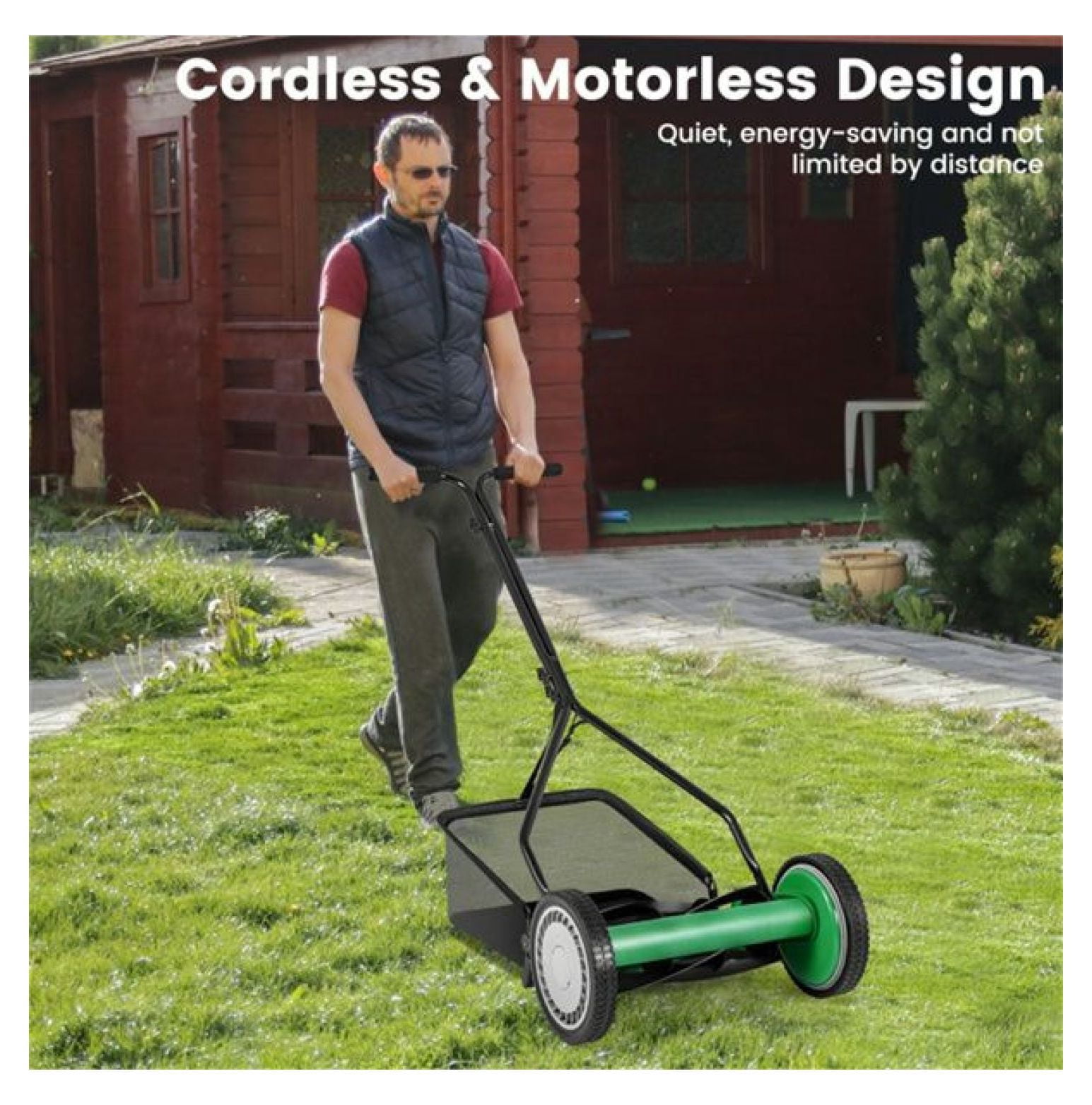 14 Inch Reel Lawn Mower with Grass Catcher - Manual Push Mower, Adjustable Height, 2-in-1 Cutting, Quiet Operation for Small Yards
