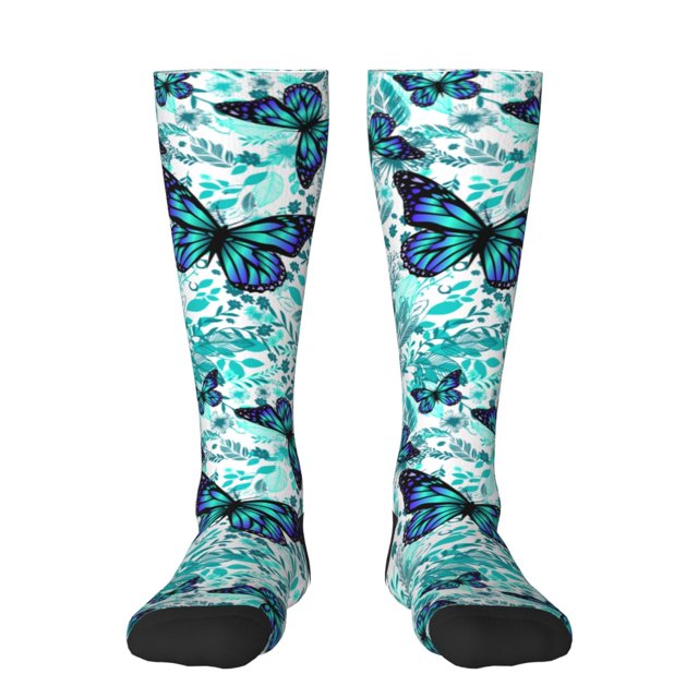 Fotbe Blue Floral with Butterflies Calcetas Divertidas Estampadas para Hombre y Mujer, Calcetas de Algodón hasta la Rodilla para Caminar, Correr, Enfermería y Embarazo