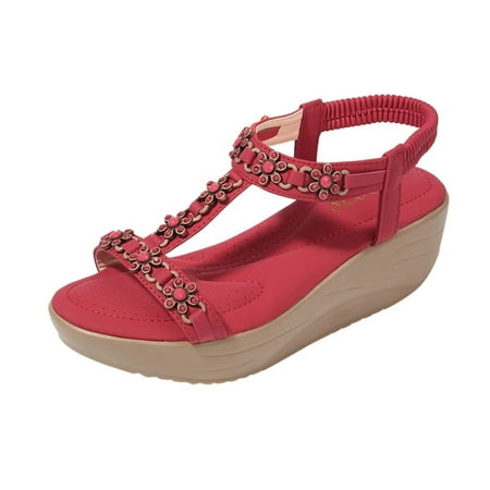 

Womens Sandals Bohemia Women Ladies Crystal Wedges Sandals Beach Flops Flip Casual Shoes Women S Sandals Pu Red 38