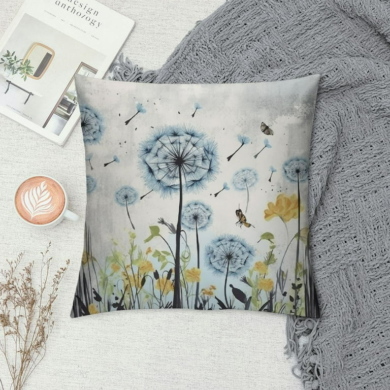 COMIO Blue Dandelion Pillow Cover for Living Room Decor Rustic Farm Plants Botanical Square Soft Throw Pillow Dragonfly Watercolor Flowers Decorative Cushion Cover White Walmart