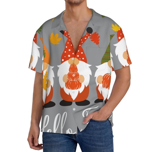 Fotbe Hello Fall Gnomes Camisa Estampada de Manga Corta para Hombre, Casual de Verano, Estilo Playero, Sin Arrugas-Medium