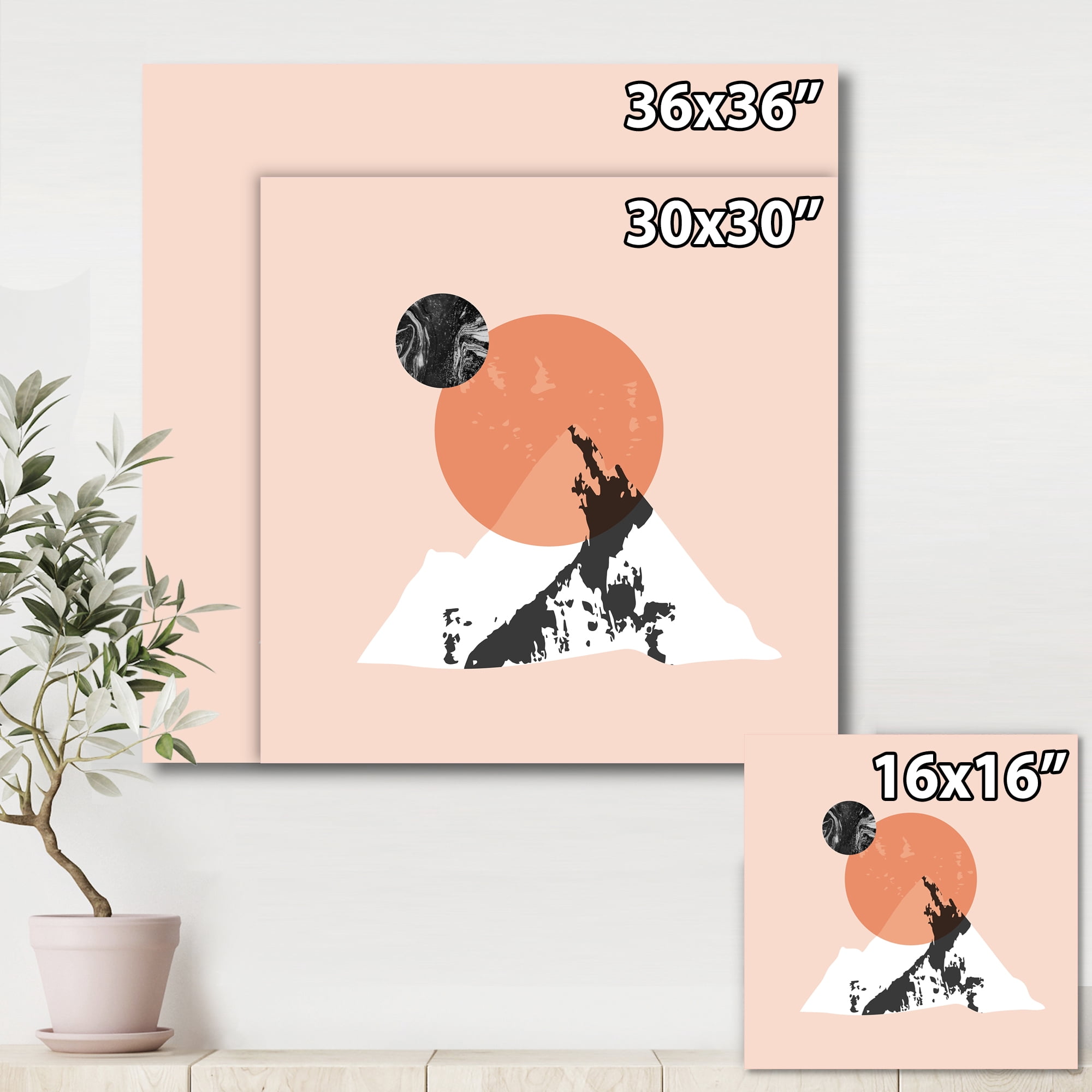 Designart ' Modern Minimalist Mountain Moon and Sun ' Modern Canvas Wall Art Print