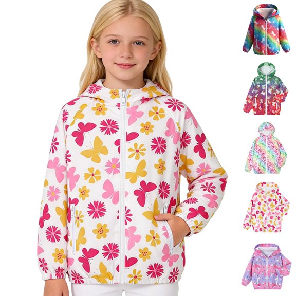UJNDER Girls Jacket Lightweight Hooded Windproof Water Resistant Printed Windbreaker for Toddler Kids Outdoor Rain Coat