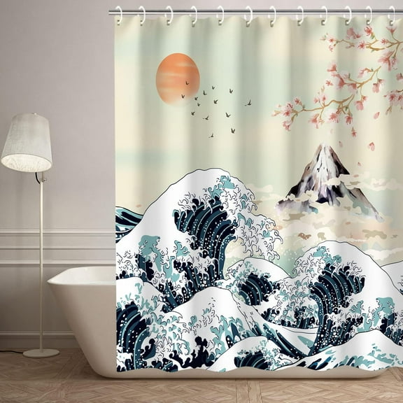 Japanese Shower Curtain, Wave Shower Curtain Cool Shower Curtain Art Shower Curtain Hooks, Anime Mountain Sunset Shower Curtains for Bathroom, Asian Bathroom Decor for Mens, 72Wx72H Inch