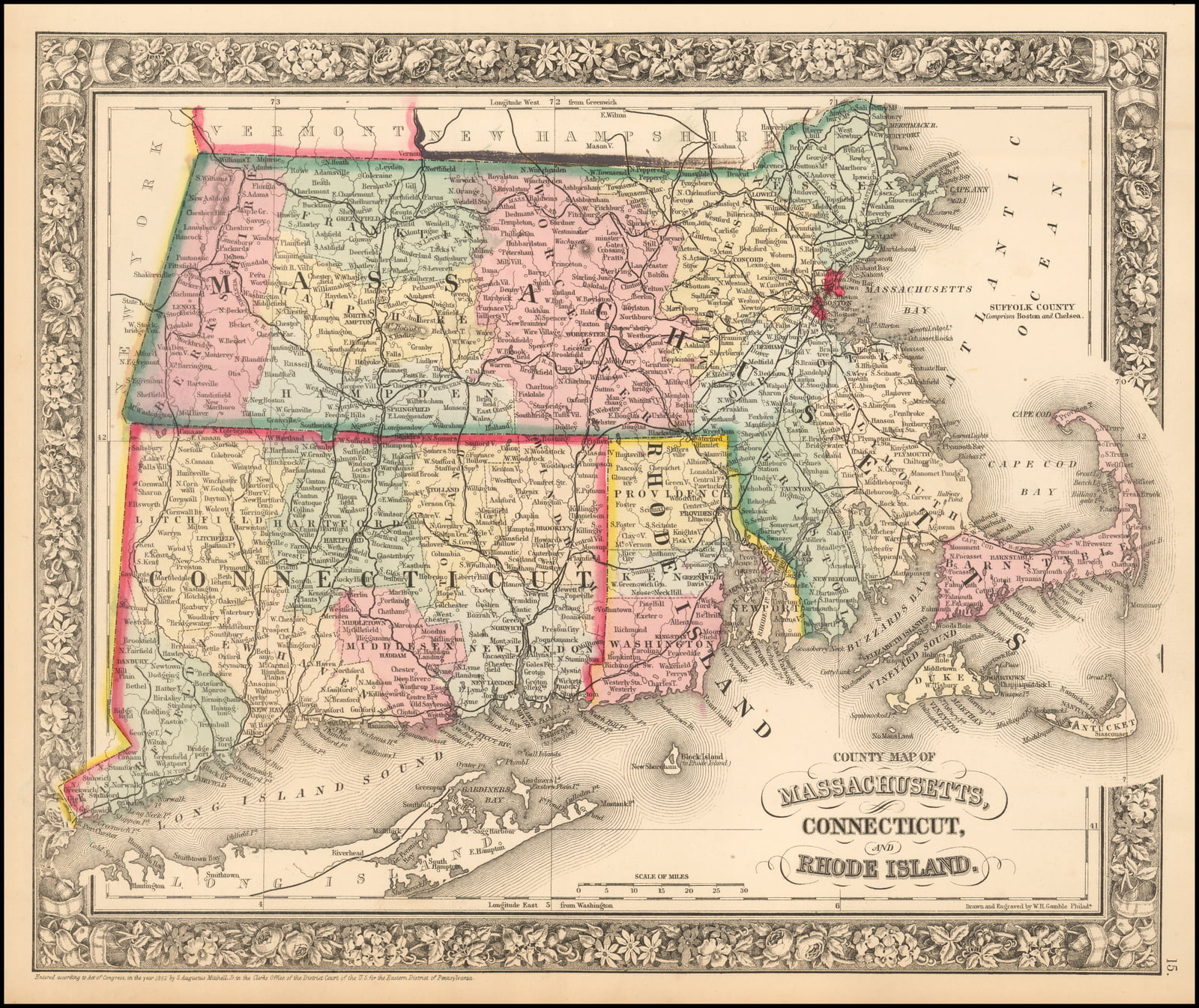 County Map Of Massachusetts Connecticut And Rhode Island 20 Inch By