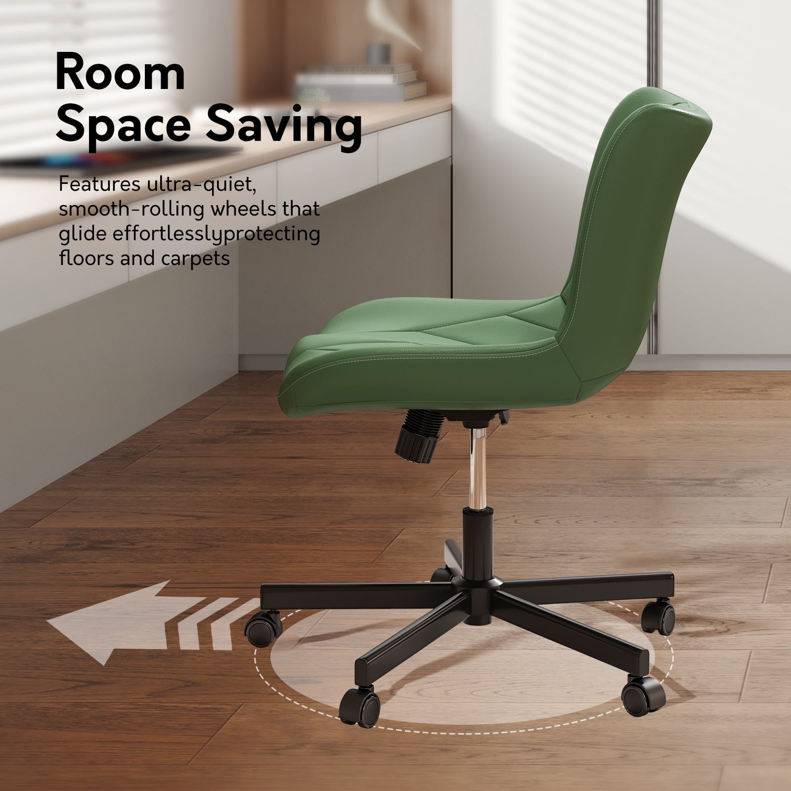 Ninecer Adjustable Armless Office Chair, Leather Desk Chair with Wheels, Office Chair for Home Office, Computer Rolling Chair for Adults, Comfy Task Chair, Green