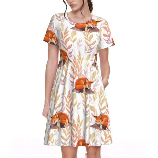Easygdp Cute Sleepy Fox para Vestido Transpirable de Mujer, Vestido Suelto de Manga Corta con Pliegues y Bolsillos para el Verano