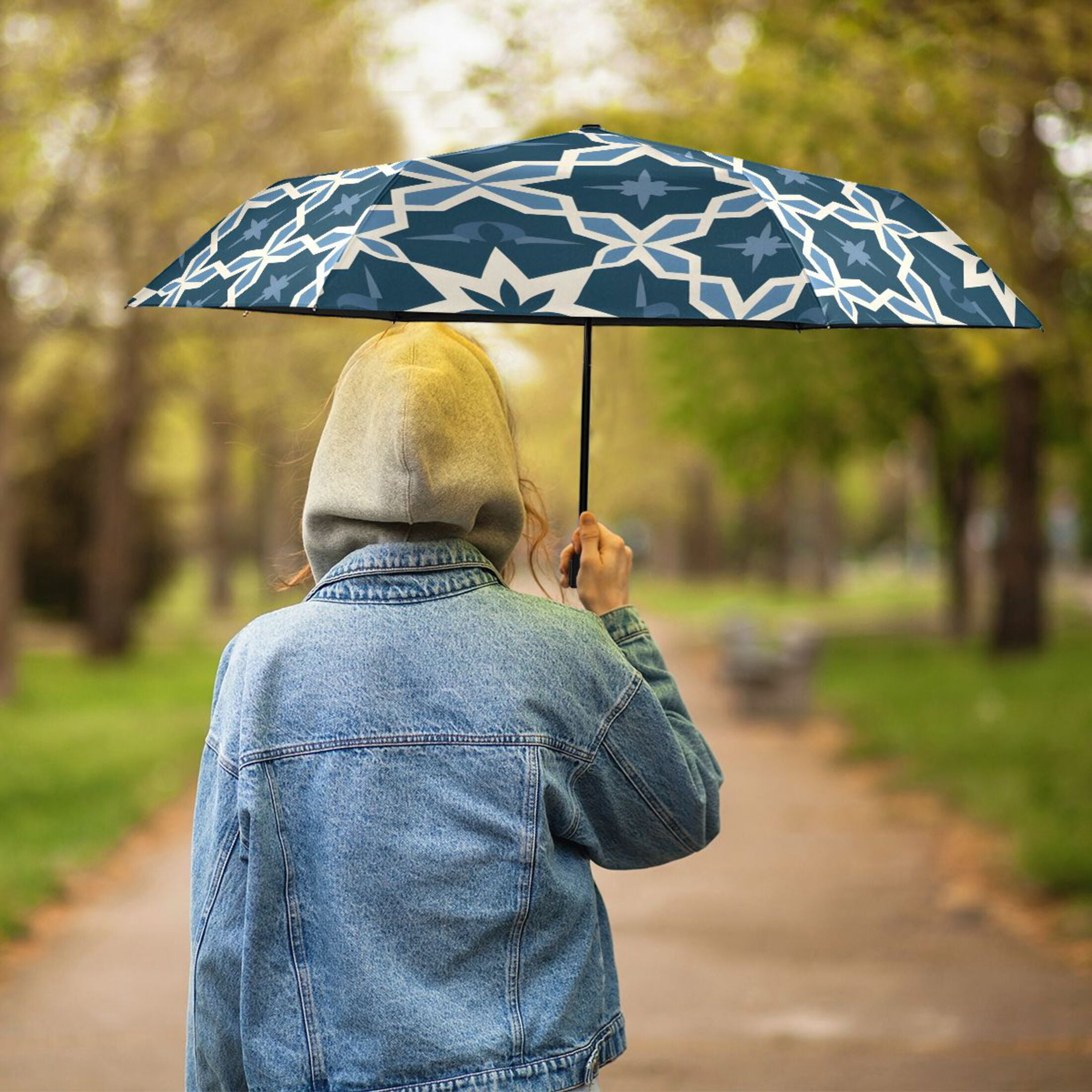 Blue Geometric Stars Compact Sun Umbrella Windproof Travel Umbrellas for Rain Strong Portable UV Protection