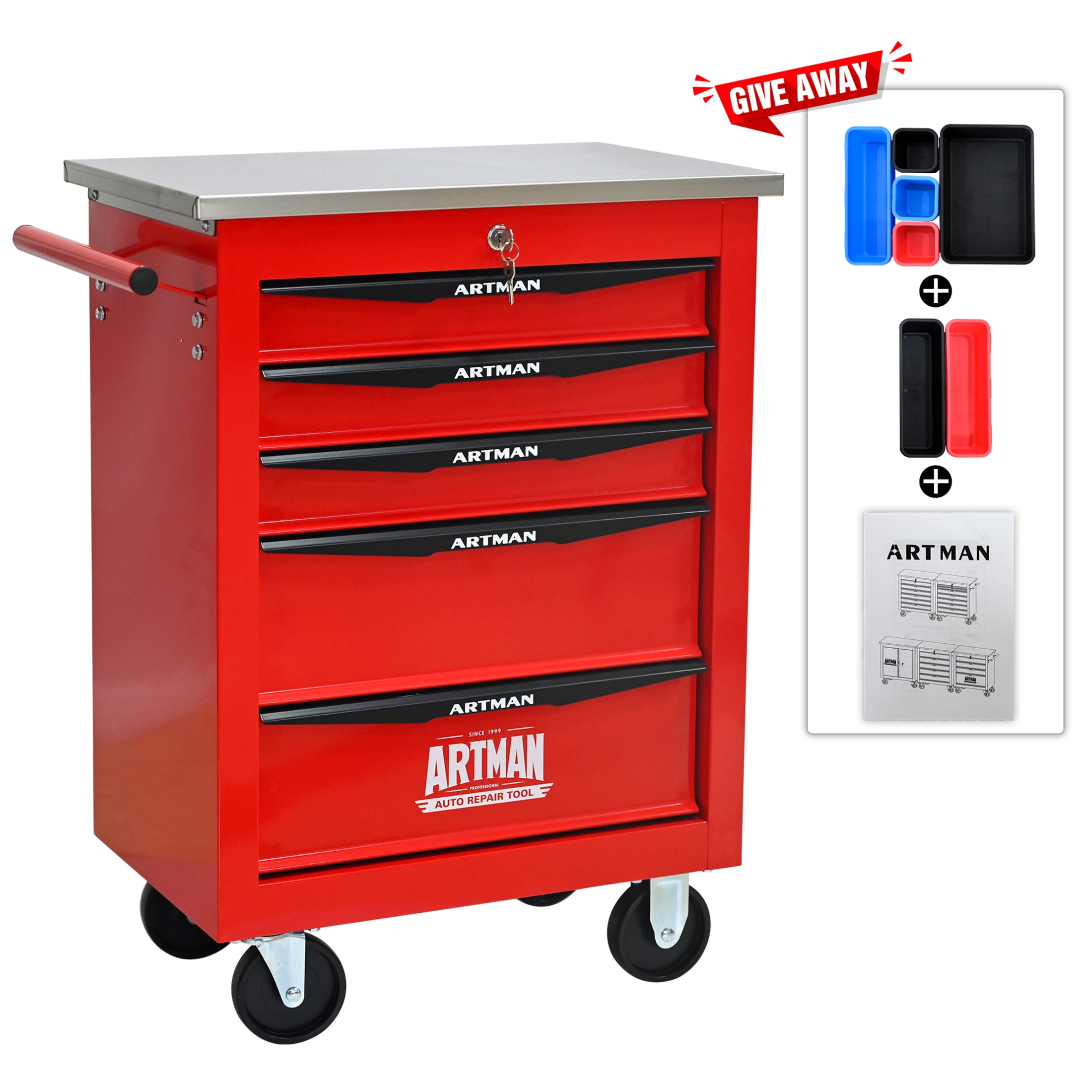 Noble House 5-Drawer Rolling Tool Organizer Cart, Steel Mobile Chest Storage with Worktop for Garage Workshop, Red
