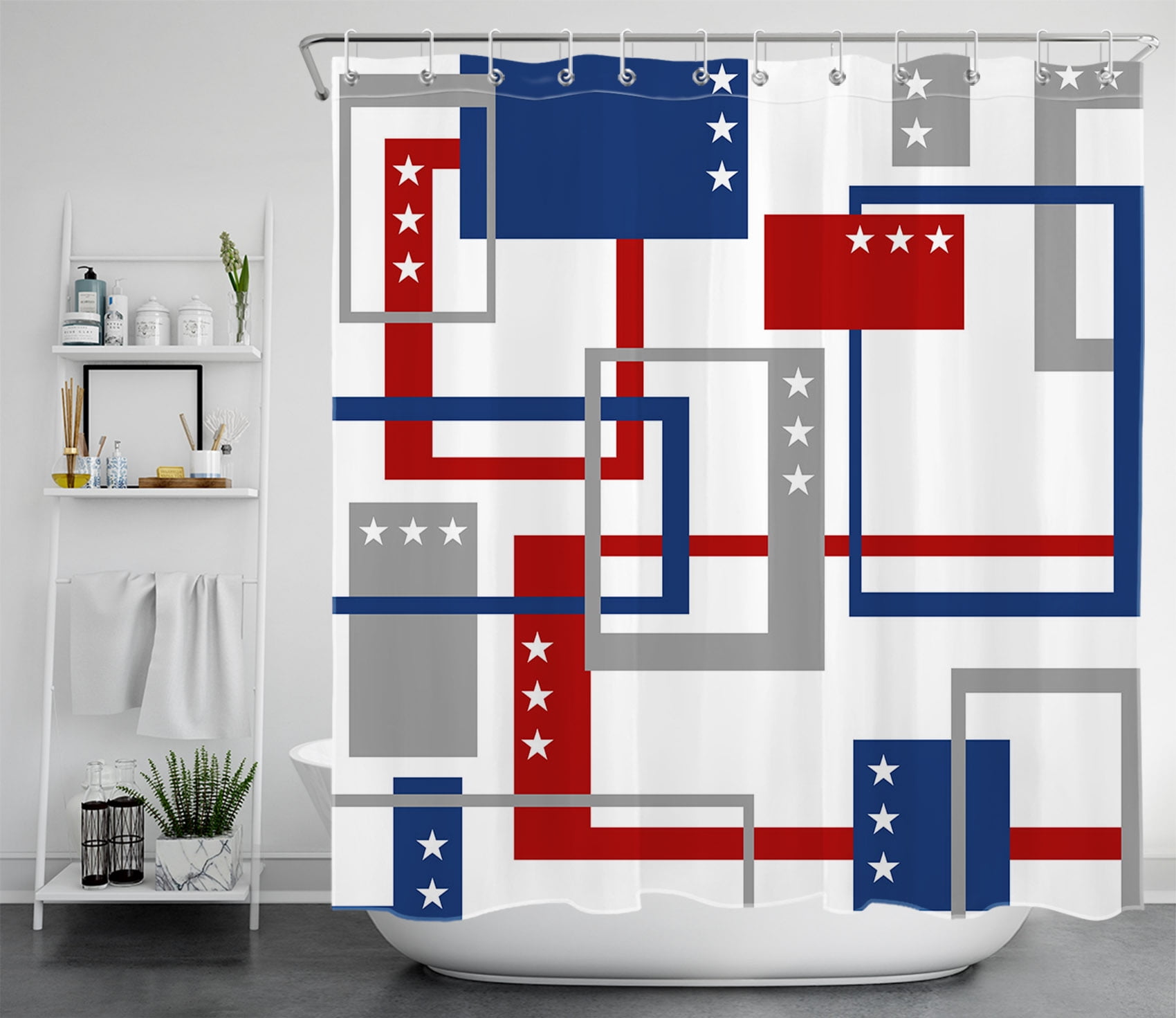 HVEST Funny American Flag Shower Curtain Decor, Red Blue Gray Stripes and Stars Shower Curtain Flag Elements Creative Design Bathroom Polyester Fabric Decor Curtain with Hooks, 72X78 inch