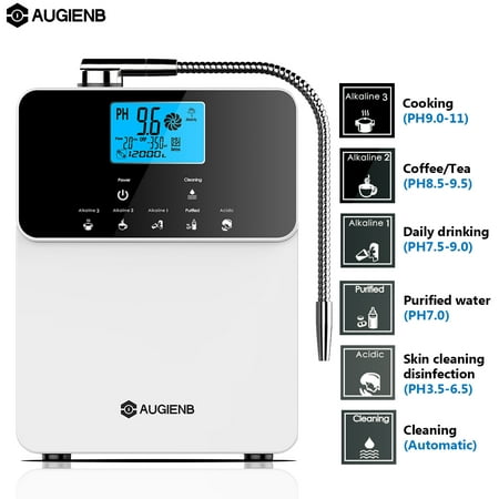 AUGIENB Alkaline Water Ionizer Machine Water Filtration System for Home,Produces PH 3.5-10.5 Acid Alkaline Water,Up to -500mV ORP,6000 Liters Per Filter,5 Water
