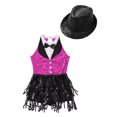 thumbnail image 3 of YONGHS Kids Girls Sequins Tassel Hem Dress Rumba Samba Salsa Cha Cha Latin Jazz Leotard with Hat Set Hot Pink&Black 6, 3 of 5