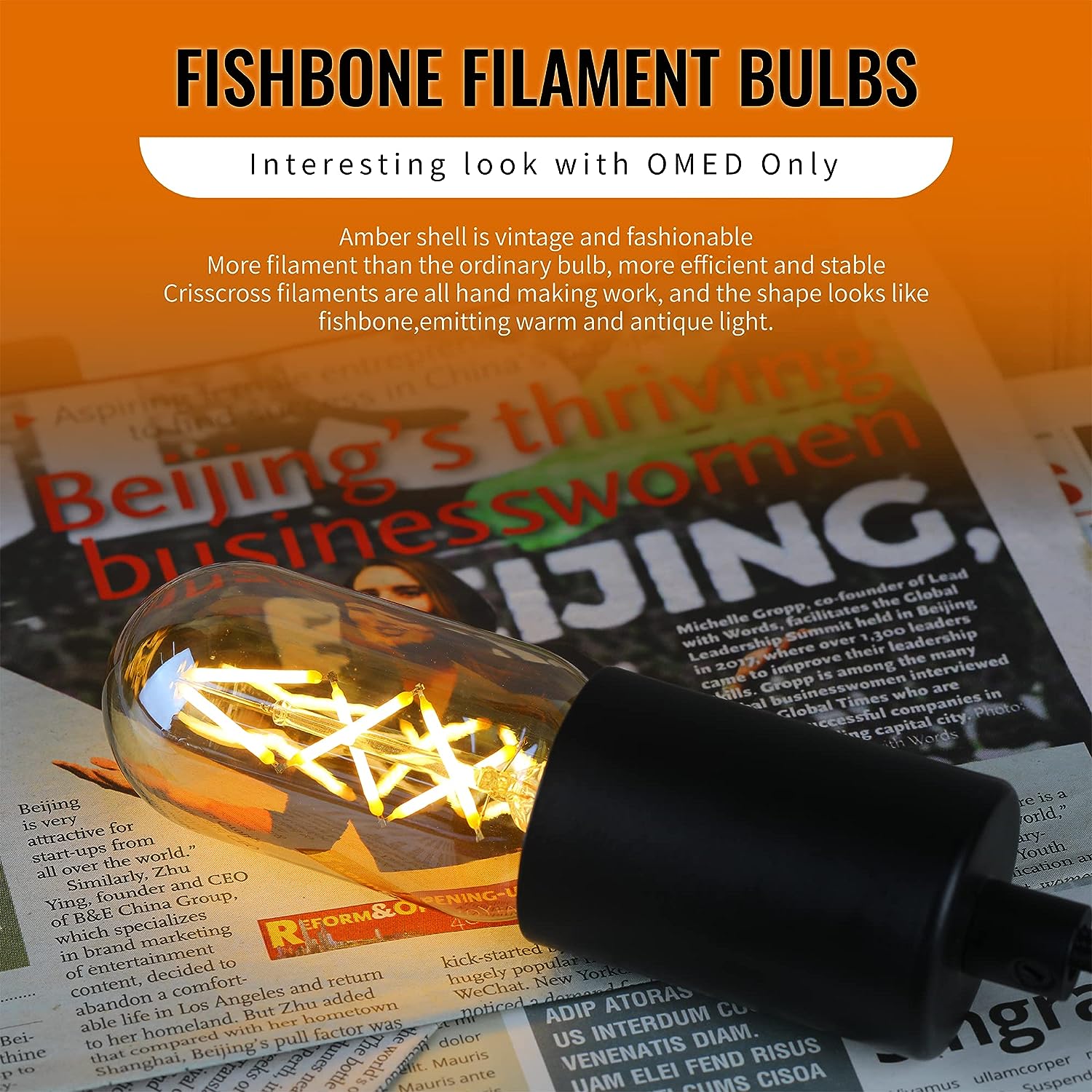 OMED 4W Dimmable Vintage LED Edison Light Bulbs 40 Watt Equal, T45/T14 E26 Antique Fishbone Filament Tubular Edison Bulbs, 400LM 2200K Warm White Spiral Retro Tube Edison Bulbs, Amber Glass, 6 Pack