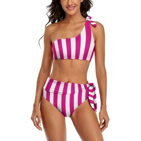 Aesthetic Rose Red And White Vertical One Shoulder Bowknot Swimsuit Two Piece Swimsuit Knot Crop Top Bikini High Waisted Bathing Suit