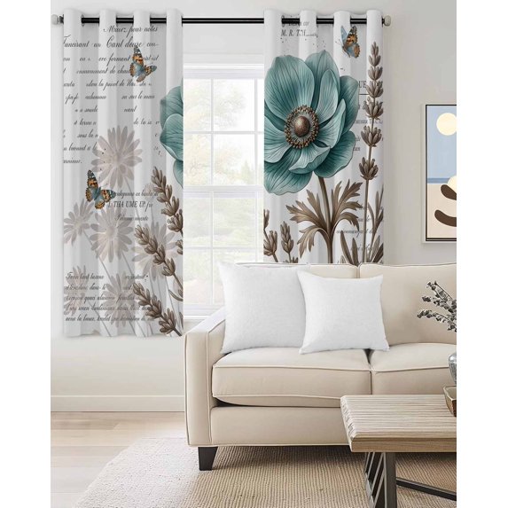 Teal Flowers Blackout Curtains Light Blocking Print Window Curtains, Watercolor Botanical Elegant Floral Butterfly Thermal Insulated Window Drapes for Living Room Kitchen (2 Panels, 104"W x 84"L)
