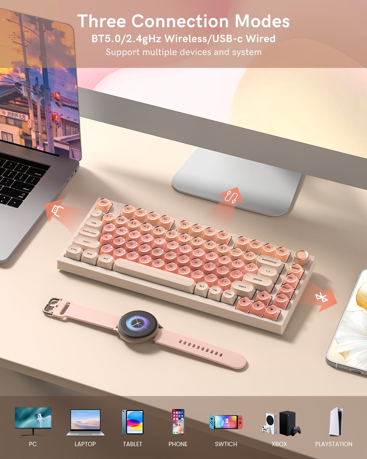 Wireless Mechanical Keyboard, 75% Layout Creamy Keyboard with Knob, Jelly Keycaps, Hot Swap Gasket Custom Structure, Pre-lubed Switches, RGB Backlit, Bluetooth/Type-C/2.4G