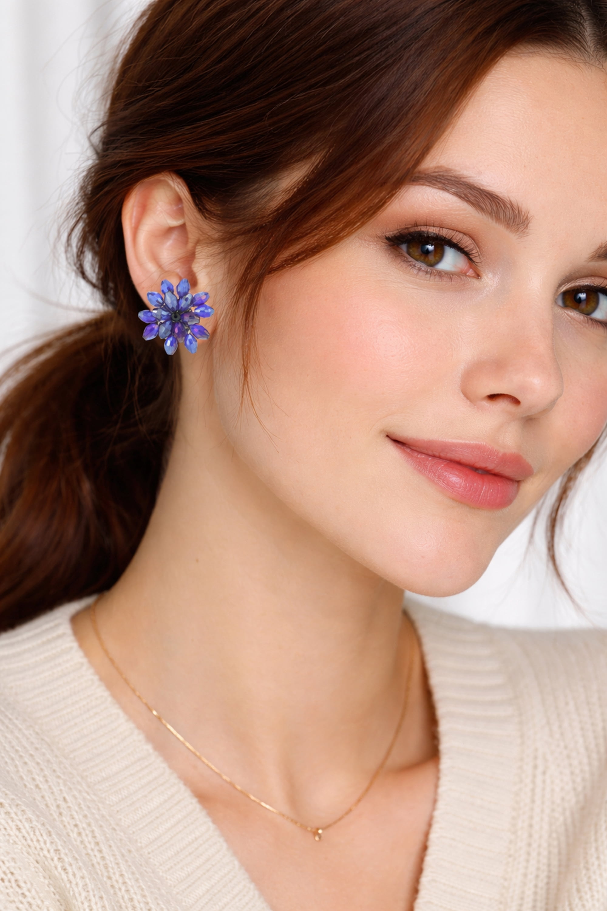Dazzling Purple Chrysanthemum Floral Crystal Clip On Earrings