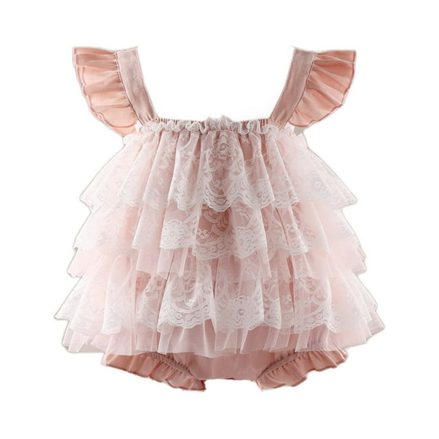 Virmaxy Pyjama Graphique Mignon pour Filles Tout-Petits Combinaison Élégante à Volants Manches Volantes Ourlet en Maille Multi-Couches Robe à Bretelles Jupe Gâteau pour Filles Combinaison 3-18 Mois Rose