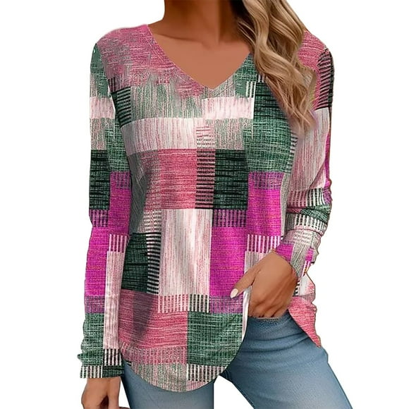 Outfmvch Blouses for Women Dressy Casual,Blouses for Women,Workout Shirts Women,Women's Loose V Neck Splicing Long Sleeve T Shirt Top,Long Sleeve T Shirt Women,New Years Shirts for Women Hot Pink 3XL