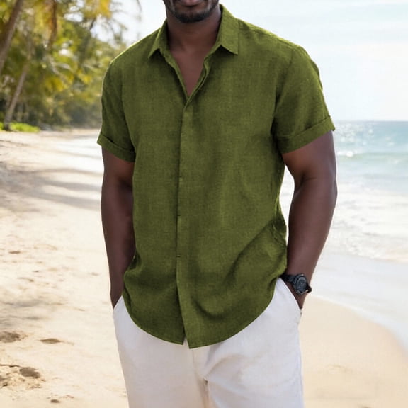 MORESEC Men's Linen Shirts For Summer Casual Wear Short Sleeve Collared Solid Beach Slim Fit Button Down Shirts Vacation Fashion Clothing, Army Green L