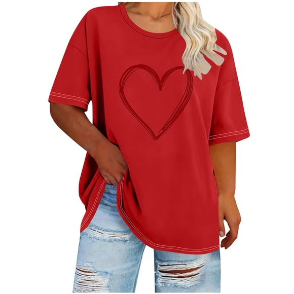 Tejiojio Women's Plus Size T-shirt Valentine's Day Heart Print Round Neck Short Sleeve Tops Spring Summer XL-5XL