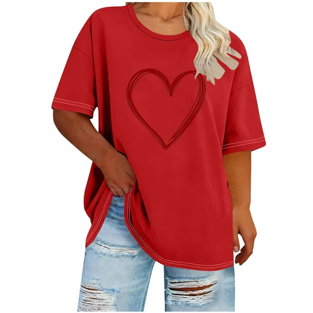 Tejiojio Women's Plus Size T-shirt Valentine's Day Heart Print Round Neck Short Sleeve Tops Spring Summer XL-5XL