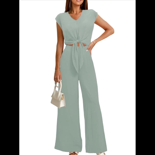 Conjunto de Chándal Informal de Verano de 2 Piezas para Mujer, con Cuello en V, Corta, Cinturón y Pantalones Anchos, 2025 Verde S
