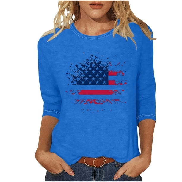 Camisetas de Manga Corta para las Mujeres Día de la Independencia Impreso Suelto Cuello Redondo Tee, Casual Y Blusas Festivas para las Mujeres Casual