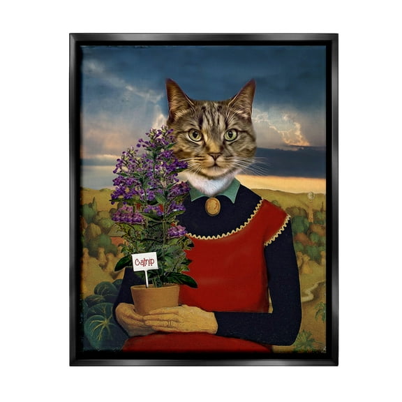 Stupell Industries Gardening Cat with Catnip Animals & Insects Painting Black Floater Framed Canvas Art Print Wall Art, 17 x 21