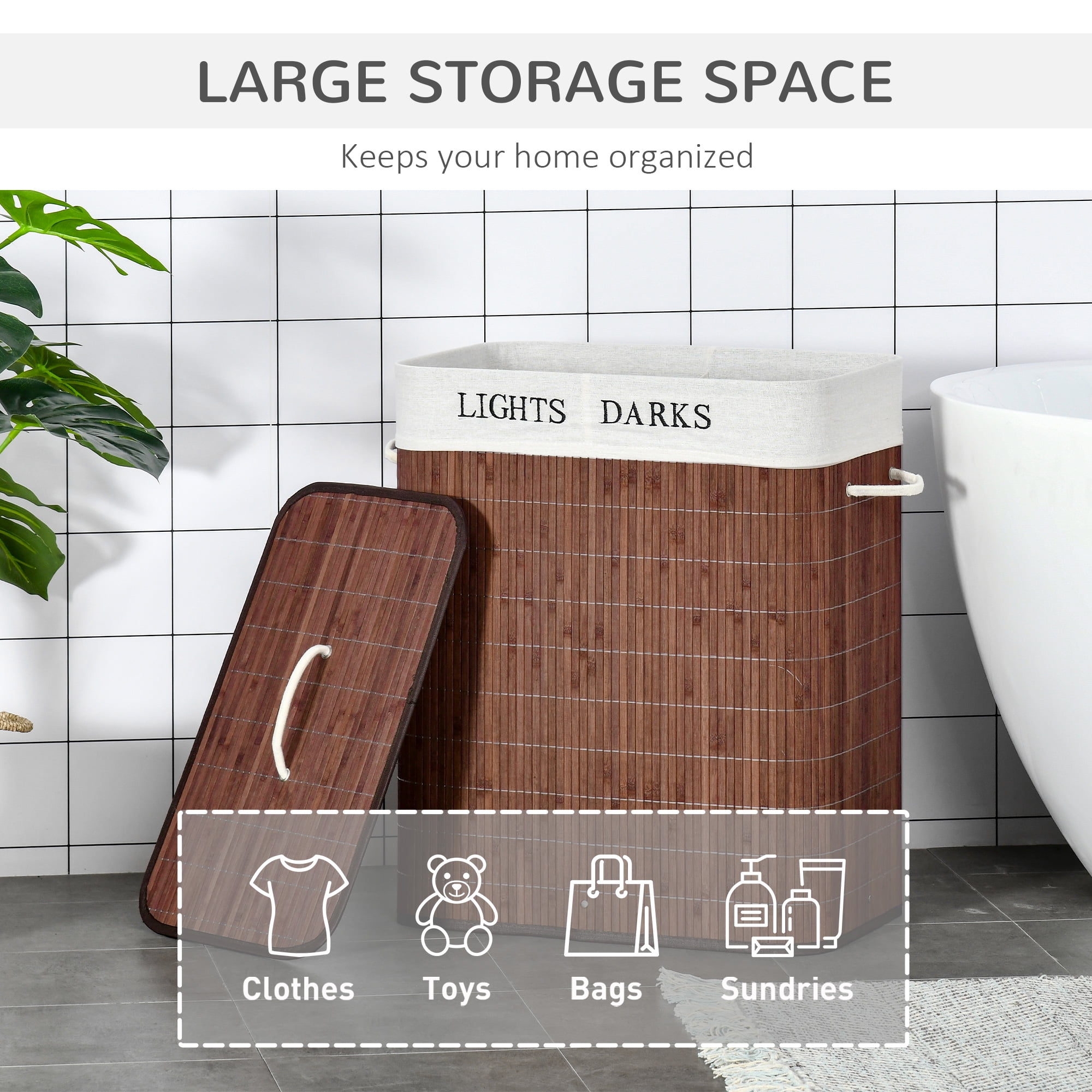 HOMCOM Bamboo Laundry Basket, Collapsible Laundry Hamper, Brown